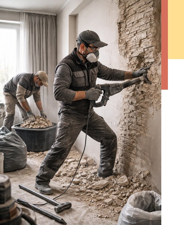 Демонтаж декоративного камня в Белогорске от 1479 руб/м² — быстро и недорого | ОТДЕЛОЧНИК-Бгк