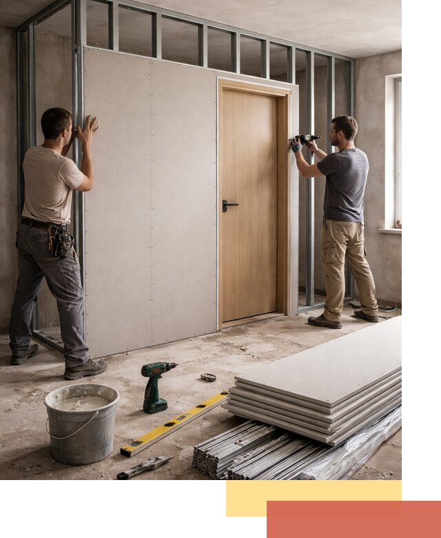 Перегородка из гипсокартона с дверью под ключ в Белогорске