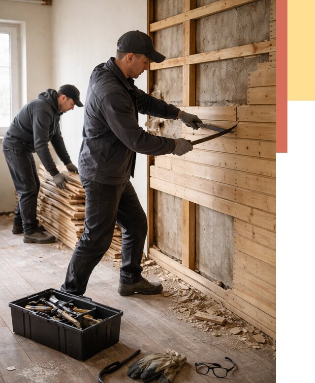 Демонтаж вагонки в Белогорске от 3877 руб/м2 — быстро и недорого | ОТДЕЛОЧНИК-Бгк