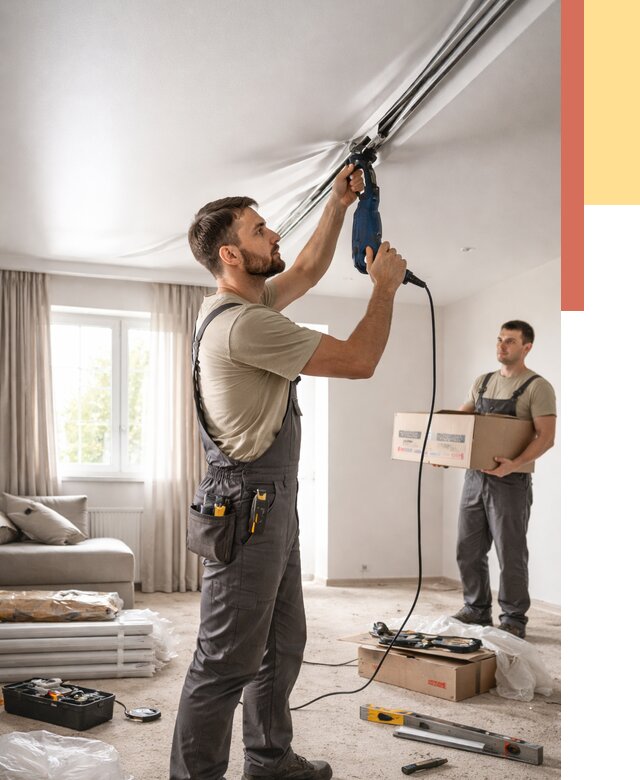 Монтаж сатинового натяжного потолка в Белогорске от 3571 руб. | Быстро, недорого — ОТДЕЛОЧНИК-Бгк