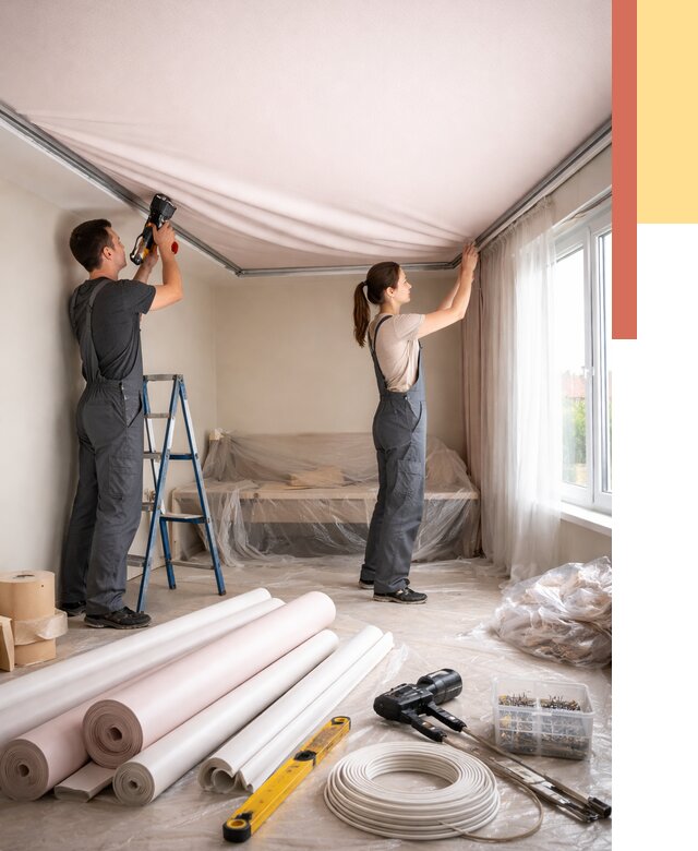 Монтаж цветного натяжного потолка в Белогорске от 4285 руб/м² — быстро и недорого | ОТДЕЛОЧНИК-Бгк