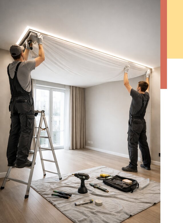 Монтаж парящего натяжного потолка в Белогорске от 4591 руб. быстро и недорого | ОТДЕЛОЧНИК-Бгк