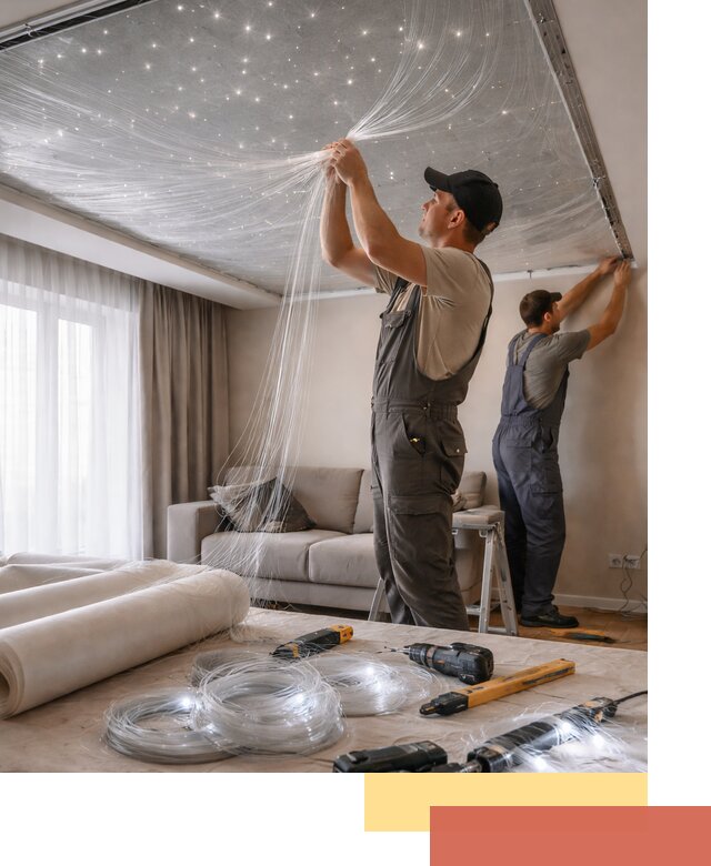 Монтаж натяжного потолка «Звездное небо» в Белогорске