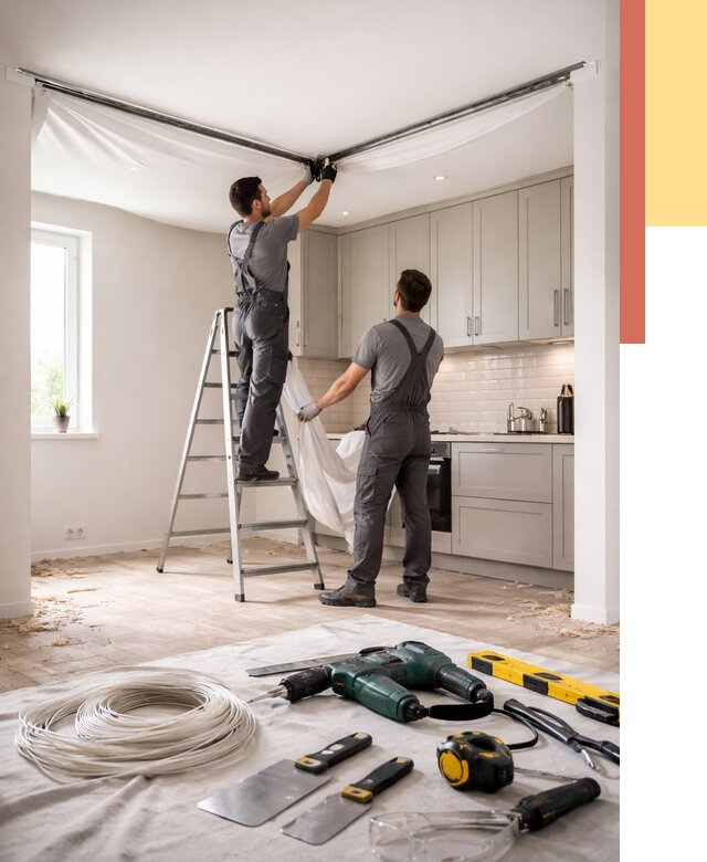 Установка натяжного потолка на кухне в Белогорске от 2448 руб. | ОТДЕЛОЧНИК-Бгк