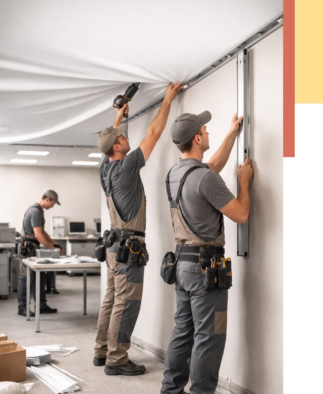 Монтаж натяжного потолка в офисе в Белогорске от 459 руб/м² — быстро и недорого | ОТДЕЛОЧНИК-Бгк