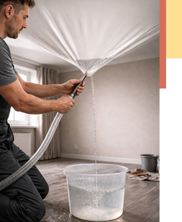 Слив воды с натяжного потолка в Белогорске от 2551 руб. быстро и недорого | ОТДЕЛОЧНИК-Бгк