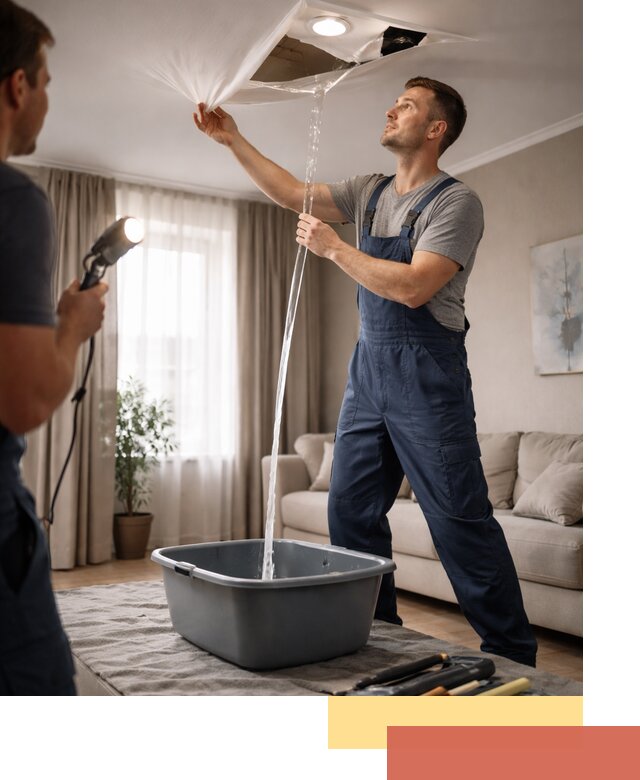 Слив воды с натяжного потолка в Белогорске быстро и аккуратно