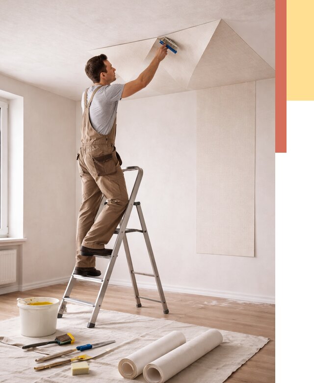 Поклейка обоев на потолок в Белогорске от 4591 руб. быстро и недорого | ОТДЕЛОЧНИК-Бгк